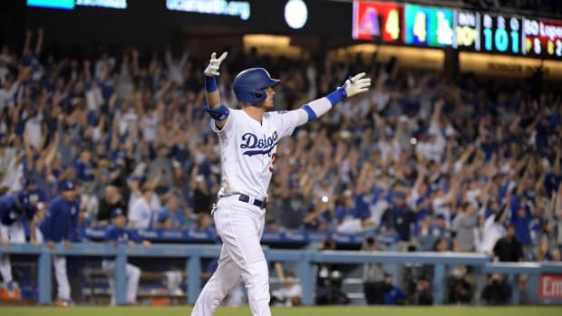 Jul 3, 2019; Los Angeles, CA, USA; Los Angeles Dodgers first baseman Cody Bellinger (35) celebrates after hitting a walk-off solo home run in the tenth inning against the Arizona Diamondbacks at Dodger Stadium. Mandatory Credit: Kirby Lee-USA TODAY Sports